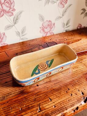 Vintage Mexican Pottery Trinket Dish Hand Painted Folk Art 7.5” Made Mexico